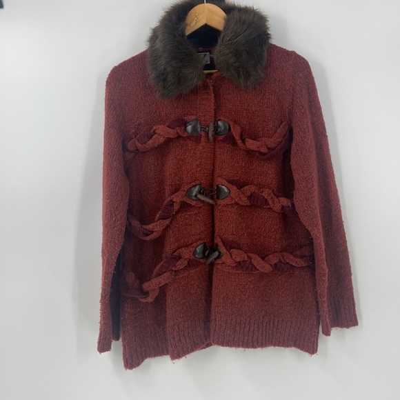 Rust colored wool blend toggle close knit sweater Jacket faux fur collar large - Picture 16 of 16